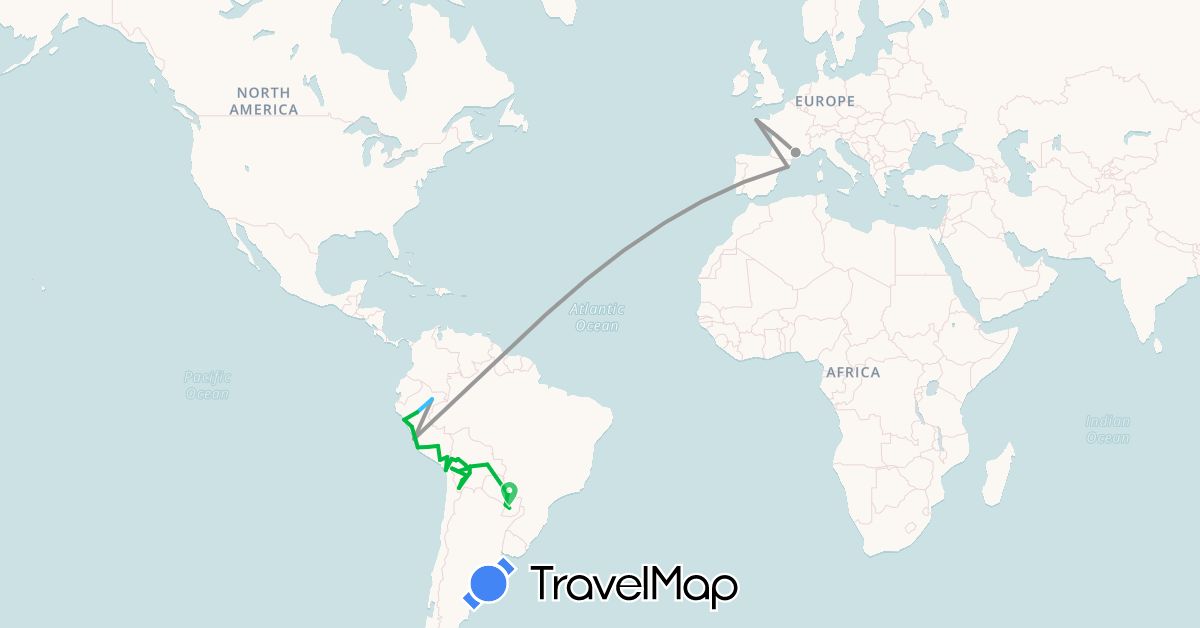TravelMap itinerary: bus, plane, boat in Bolivia, Chile, Spain, France, Peru, Paraguay (Europe, South America)